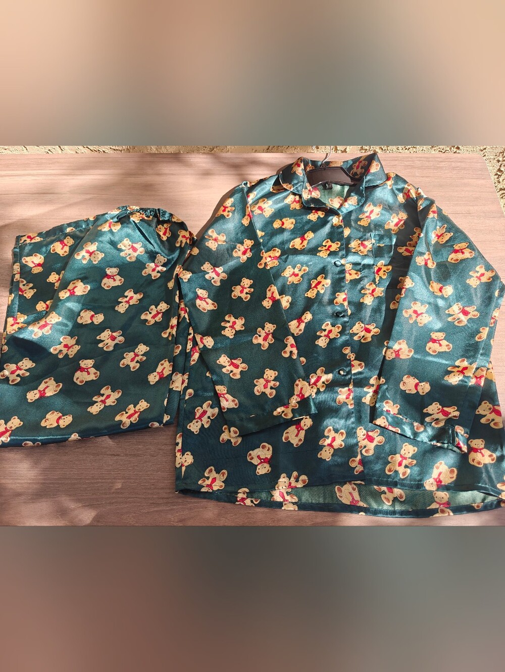 Vintage Green Satin Teddy Bear Pajama Set